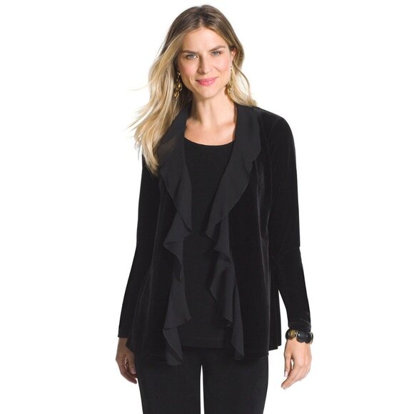 Chicos Travelers Collection Womens Large Black Velvet Chiffon Trim Jacket - Picture 1 of 9